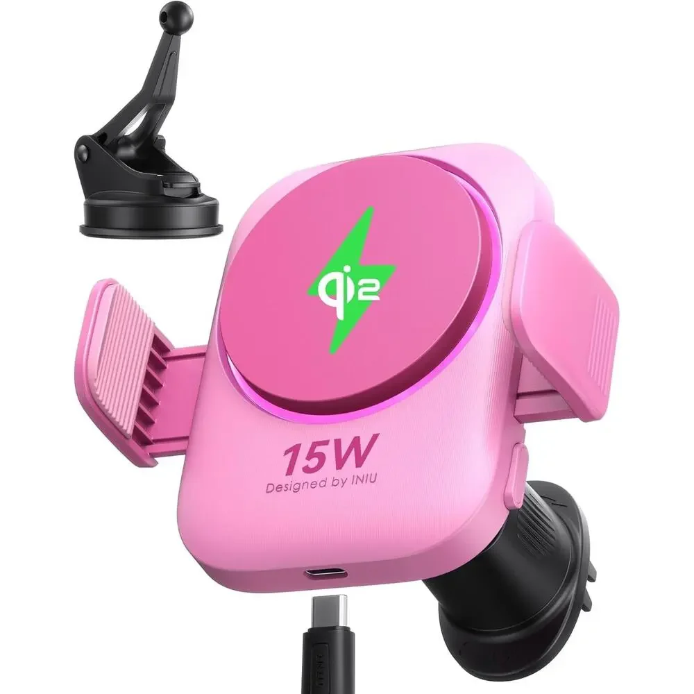 Pink Magsafe Car Phone Charger Qi2 Certified Wireless Suction & Clip INIU New
